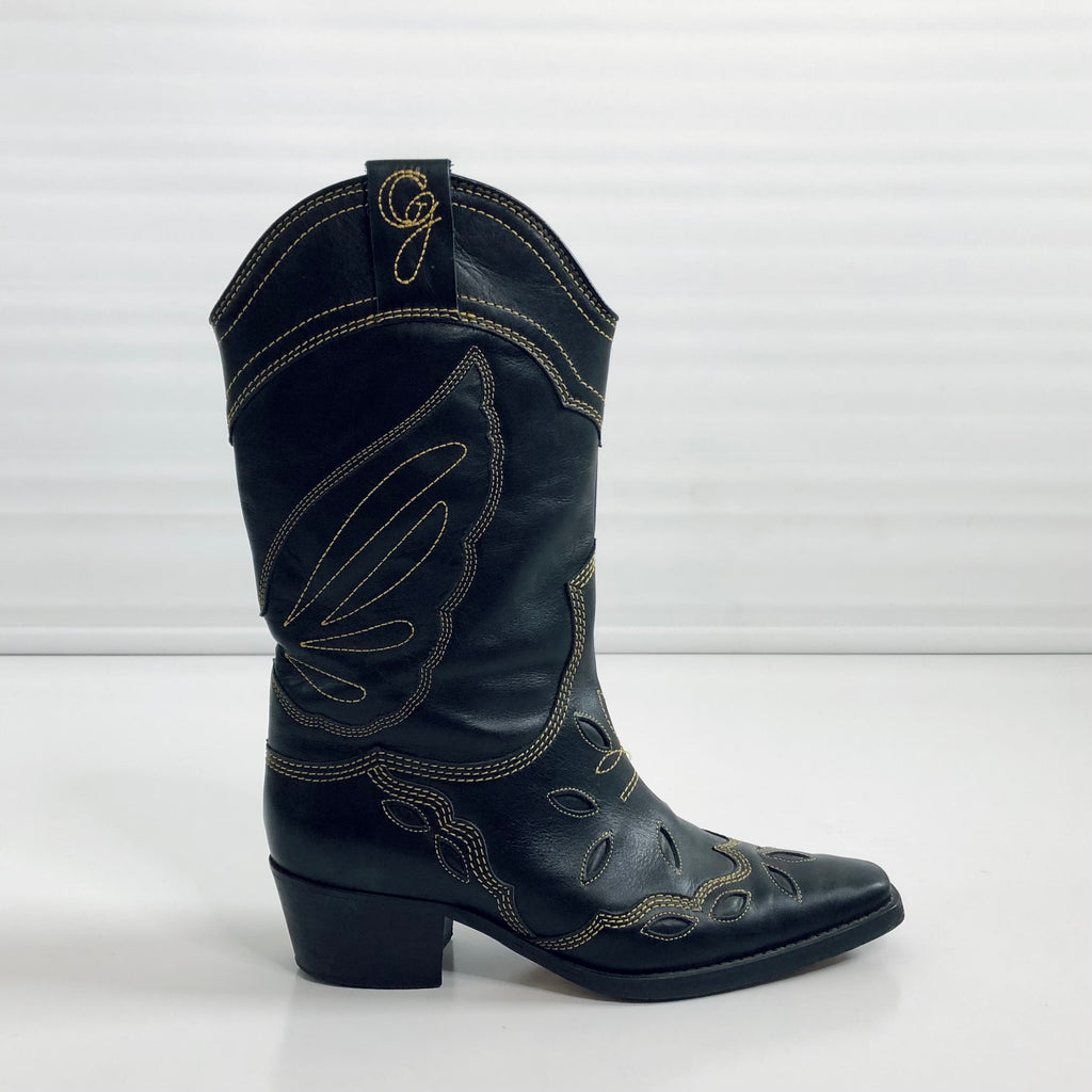 GANNI TEXAS BUTTERFLY COWBOY BOOT - BLACK LEATHER