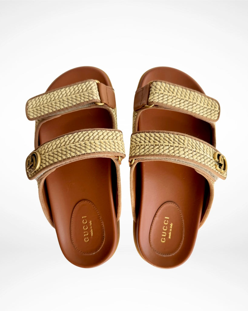 GUCCI - MORITZ RAFFIA EFFECT SLIDE SANDALS