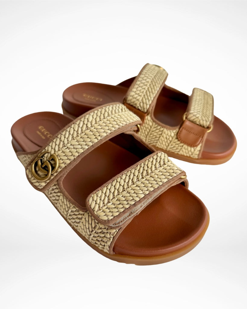 GUCCI - MORITZ RAFFIA EFFECT SLIDE SANDALS