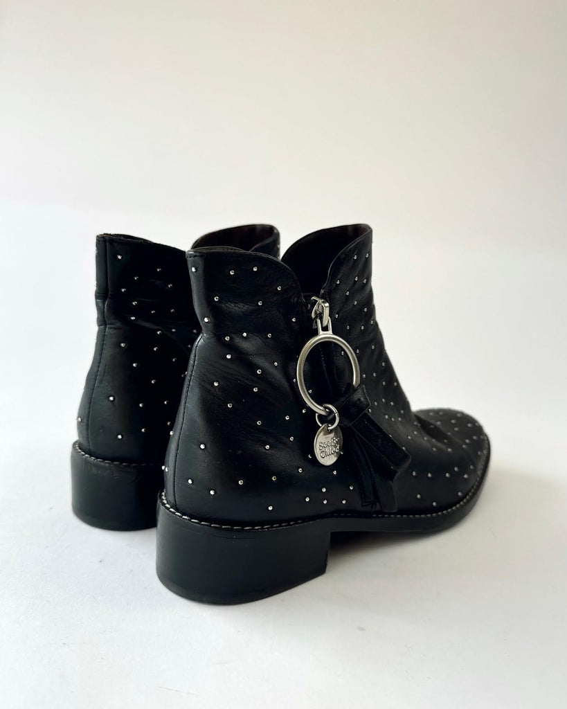 SEE BY CHLOE - BLACK LEATHER - SILVER STUDDED - ANKLE BOOTS