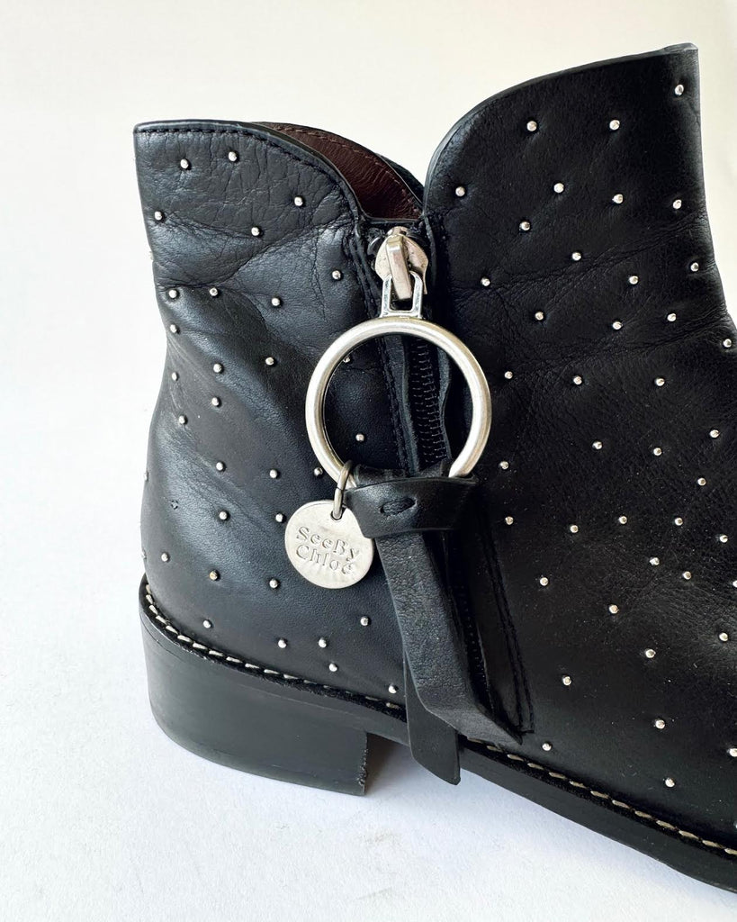 SEE BY CHLOE - BLACK LEATHER - SILVER STUDDED - ANKLE BOOTS