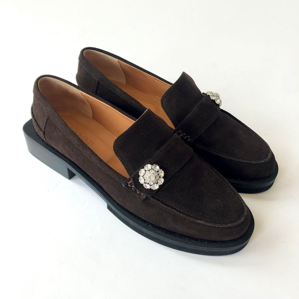 GANNI - CHOCOLATE SUEDE LOAFERS - CRYSTAL EMBALLISHMENT