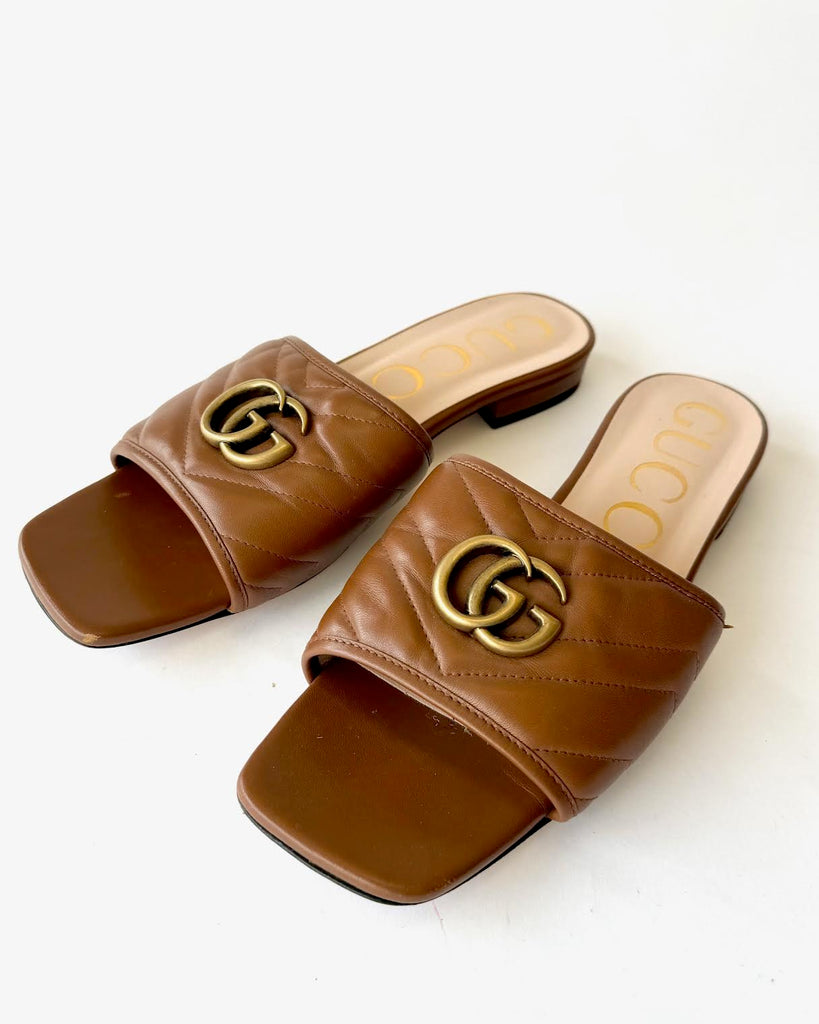 GUCCI - MARMONT DOUBLE G - TAN LEATHER SLIDES