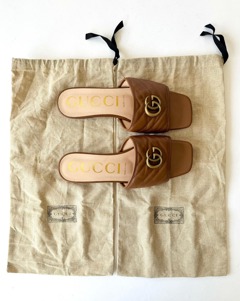 GUCCI - MARMONT DOUBLE G - TAN LEATHER SLIDES