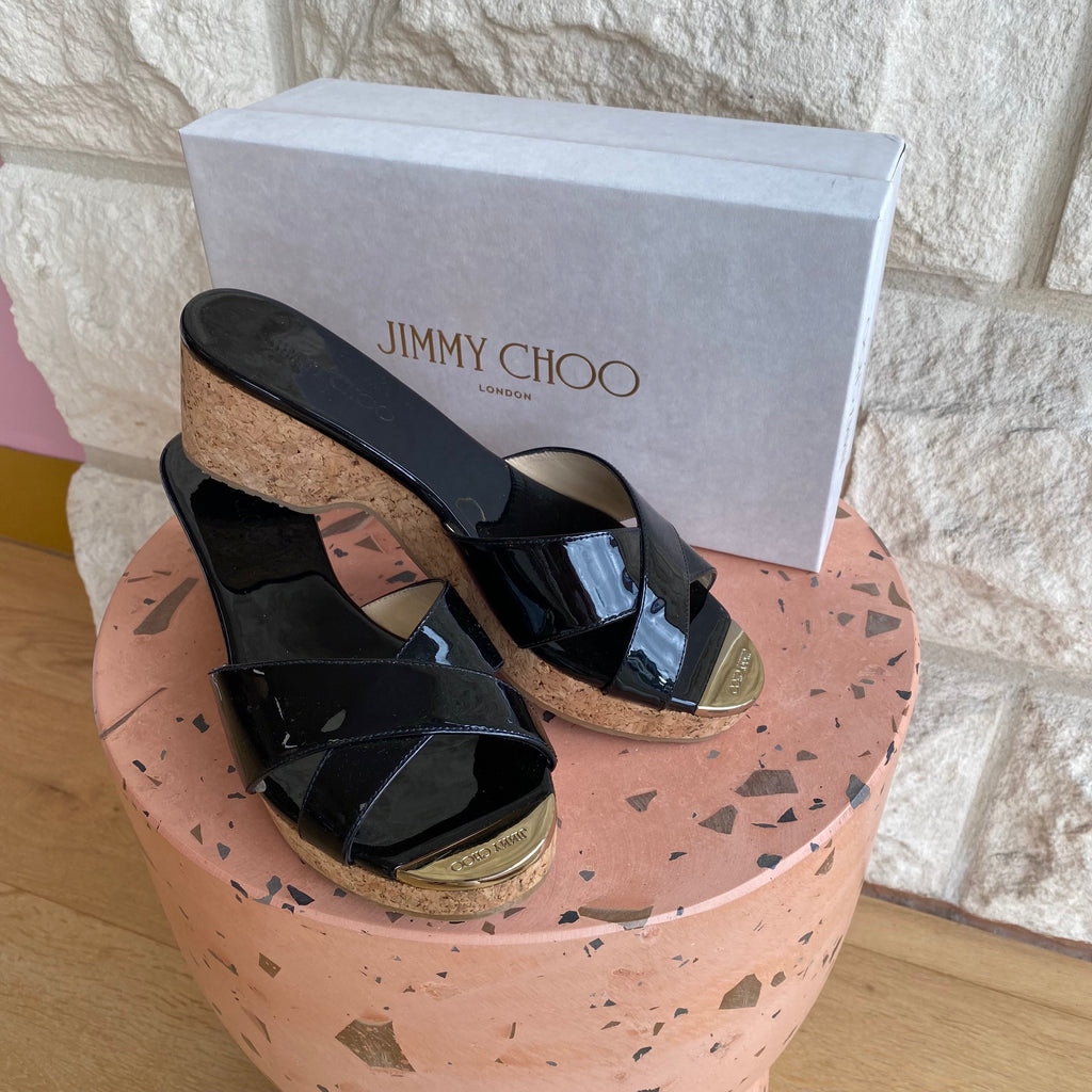 PRELOVED JIMMY CHOO PANNA PANENT LEATHER CORK WEDGE